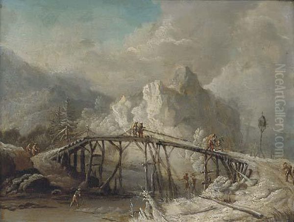 A Winter Landscape With Travellers Crossing A Bridge Oil Painting by Johann Christian Vollerdt or Vollaert