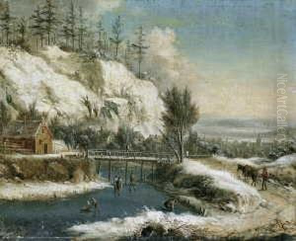 Winterlandschaft Mit Eislaufern.
 Signiert Unten Links: Vollerd. Verso (auf Dem Keilrahmen) Bezeichnet: 
Vollaerdt. Ol Auf Leinwand. H 21; B 26 Cm. Oil Painting by Johann Christian Vollerdt or Vollaert