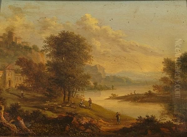 Figures In A Classical Capriccio Landscape Oil Painting by Johann Christian Vollerdt or Vollaert