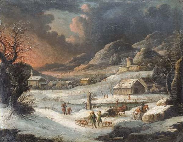 A Mountainous Winter Landscape With Hunters In The Foreground Oil Painting by Johann Christian Vollerdt or Vollaert