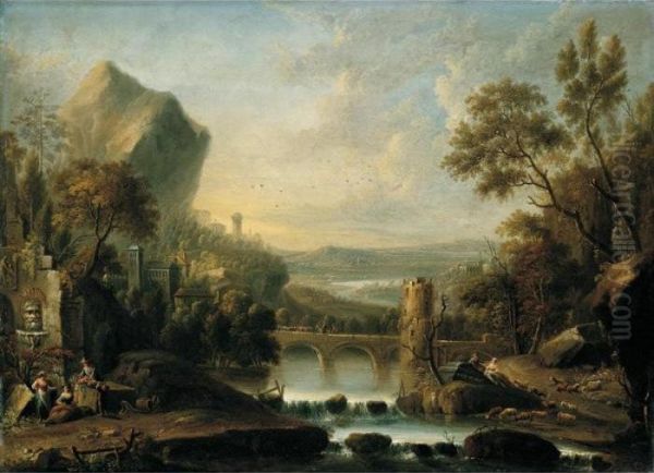 An Extensive Rhenish River 
Landscape With A Peasant Family Resting By A Path In The Foreground Oil Painting by Johann Christian Vollerdt or Vollaert