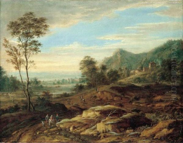 A Landscape With Travellers On A Road Near A Village Oil Painting by Johann Christian Vollerdt or Vollaert