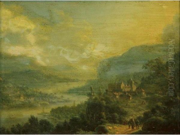 Travelers In An Extensive River Landscape With Castle Oil Painting by Johann Christian Vollerdt or Vollaert