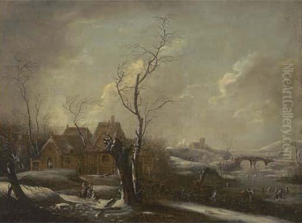 A Winter Landscape With Skaters On A Frozen River, A Village Nearby Oil Painting by Johann Christian Vollerdt or Vollaert