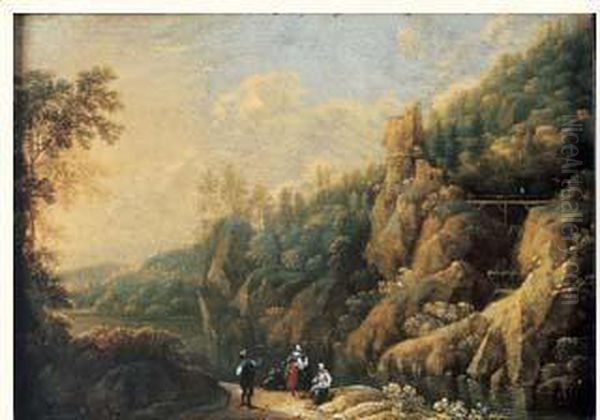 Paysage Montagneux Avec Riviere Et Promeneurs Oil Painting by Johann Christian Vollerdt or Vollaert