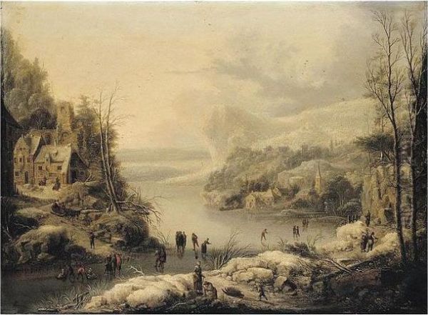 A Frozen Lake In A Mountainous Landscape With Numerous Figures Skating Near A Village Oil Painting by Johann Christian Vollerdt or Vollaert