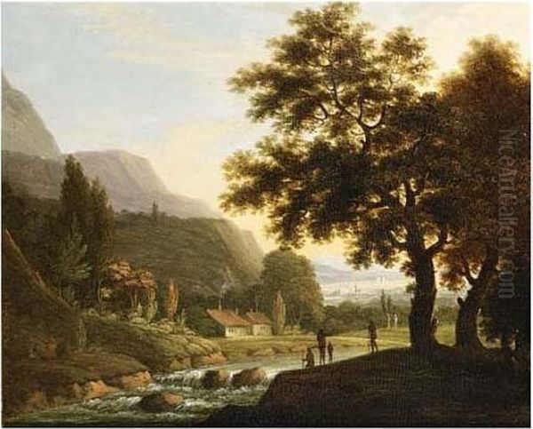 A Hilly Wooded River Landscape With Travellers Conversing Under A Tree Near A Waterfall Oil Painting by Johann Christian Vollerdt or Vollaert