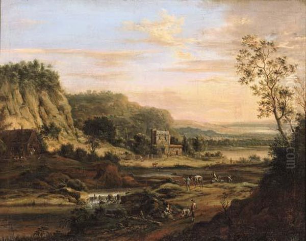 Peasants On A Road By A River In A Rhenish Landscape Oil Painting by Johann Christian Vollerdt or Vollaert