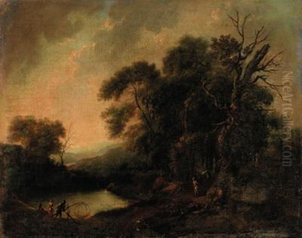 A Wooded River Landscape With Fisherfolk On A Bank Oil Painting by Johann Christian Vollerdt or Vollaert