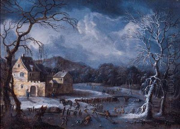 Winter Landscapes With Skaters And Travellers On Horsedrawn Sledgesby Fortified Mansions Oil Painting by Johann Christian Vollerdt or Vollaert