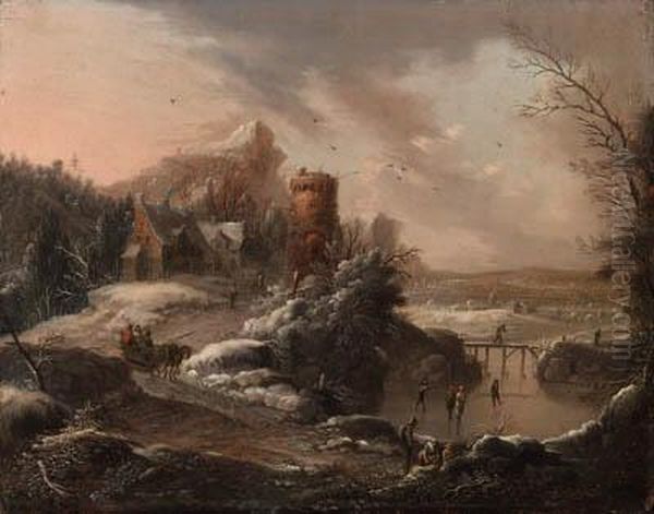 A Winter Landscape With 
Travellers On A Path And Skaters On Ariver, A Town And Houses Nearby Oil Painting by Johann Christian Vollerdt or Vollaert