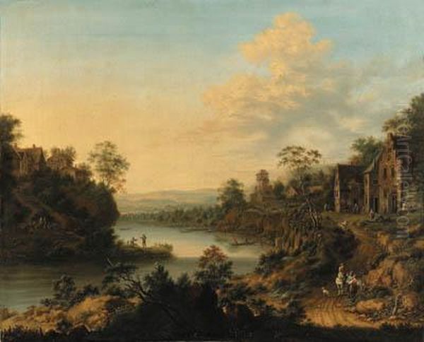 A River Landscape With A Hamlet And Peasants On A Path Oil Painting by Johann Christian Vollerdt or Vollaert