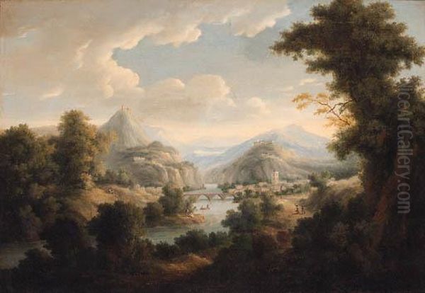 An Extensive River Landscape With A Town By A Bridge Oil Painting by Johann Christian Vollerdt or Vollaert