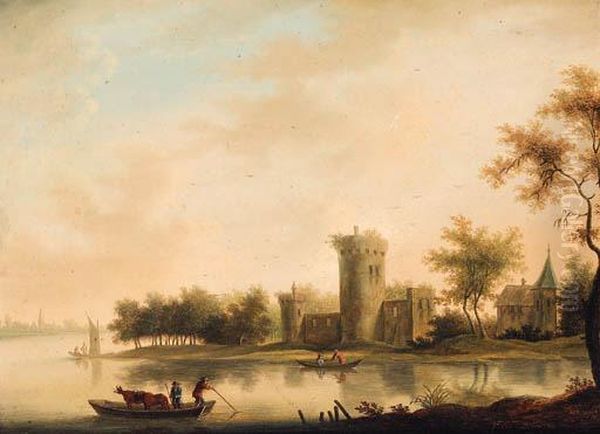 A River Landscape With A Ferry Before A Tower And A Church Oil Painting by Johann Christian Vollerdt or Vollaert