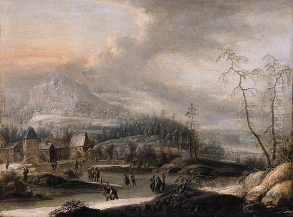 Peasants And Skaters On A Frozen Waterway In A Mountainouslandscape Oil Painting by Johann Christian Vollerdt or Vollaert