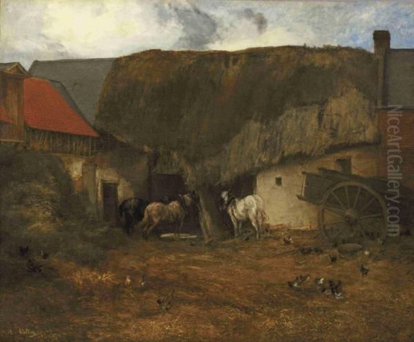 Horses By A Stable Oil Painting by Antoine Vollon