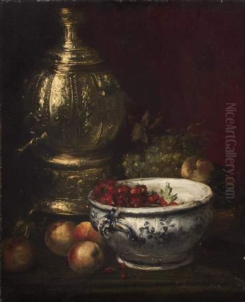 Natura Morta Di Frutta, Fragole 
In Una Coppa Di Porcellana Ed Elaborato Vaso Metallico Su Di Un Piano Oil Painting by Antoine Vollon