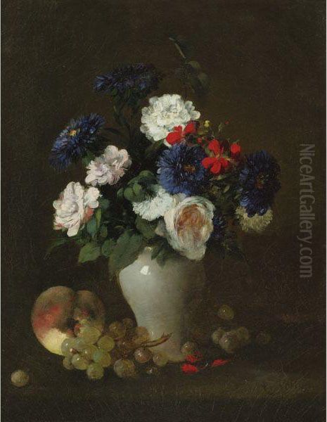 Assorted Flowers In A Vase With Grapes And A Peach On A Table Oil Painting by Antoine Vollon