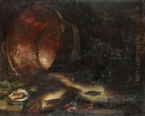 Stilleben Med Ostron, Fiskar Och Kopparbytta Oil Painting by Antoine Vollon