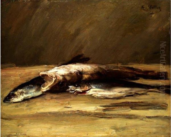 Stilleben Mit Drei Fischen Oil Painting by Antoine Vollon