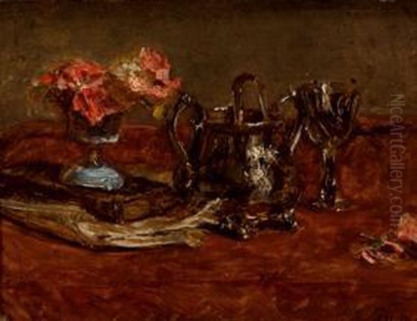 Mesa Con Rosas En Un Jarron Azul Oil Painting by Antoine Vollon