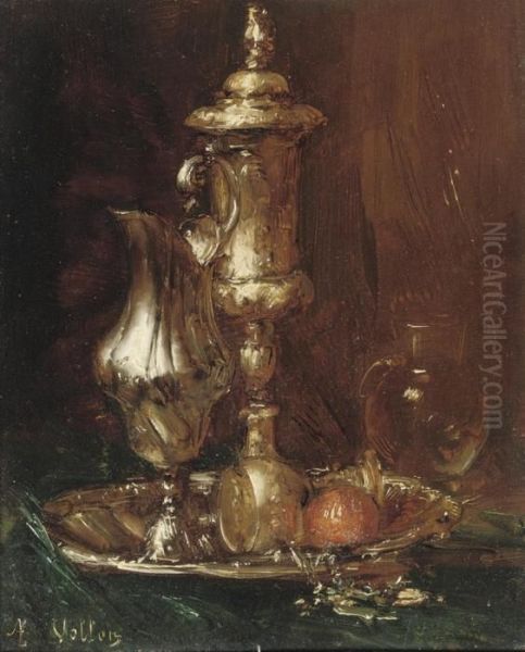 A Still Life With Goblet And Glasses Oil Painting by Antoine Vollon