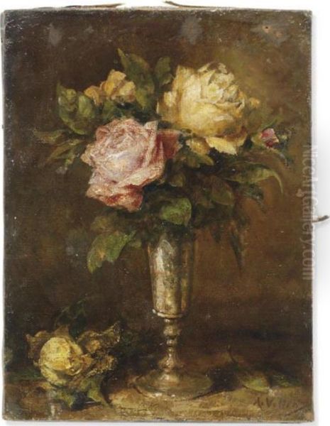 Pink And Yellow Roses In A Glass On A Ledge Oil Painting by Antoine Vollon