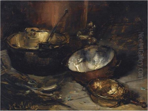 A Still Life With Copper Pans Oil Painting by Antoine Vollon