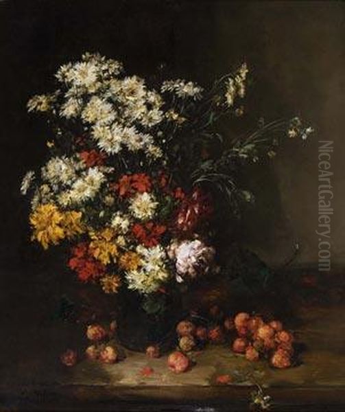 Stilllife With Daisies And Roses. Oil Painting by Antoine Vollon