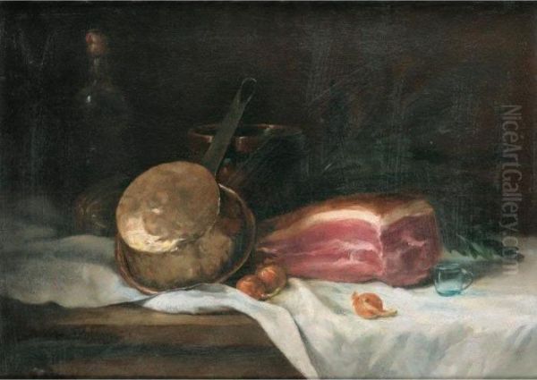 Nature Morte Au Jambon [ ; Still Life With Ham ; Oil On Canvas ; Signed And Dated '71.] Oil Painting by Antoine Vollon