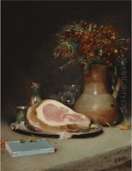 Still Life With Flowers And Ham Oil Painting by Antoine Vollon