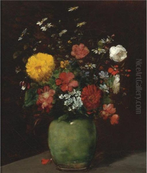 Spring Flowers In A Green Vase Oil Painting by Antoine Vollon