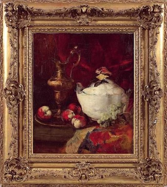 Soupiere, Aiguiere Et Fruits Sur Un Entablement Oil Painting by Antoine Vollon