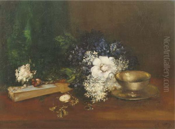 White And Blue Flowers, A Fan And A Pocketwatch Oil Painting by Antoine Vollon