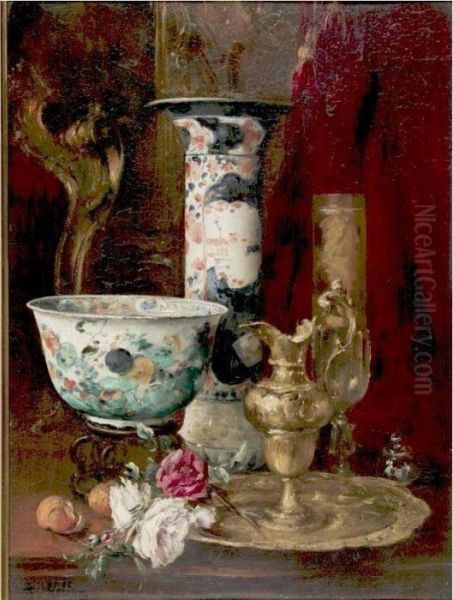 Still Life With Flowers And China Oil Painting by Antoine Vollon