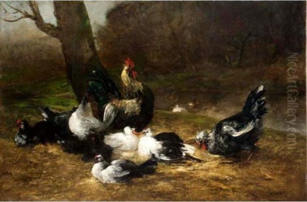 Chickens And Ducks Feeding Oil Painting by Antoine Vollon