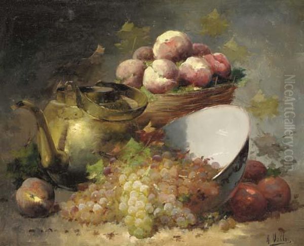 Still Life With Grapes, Peaches And A Brass Kettle Oil Painting by Antoine Vollon