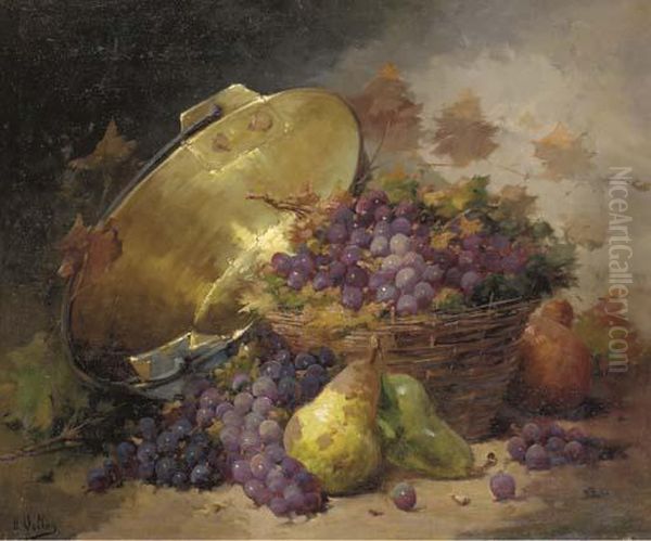 Still Life With Grapes, Pears, And Brass Pot Oil Painting by Antoine Vollon