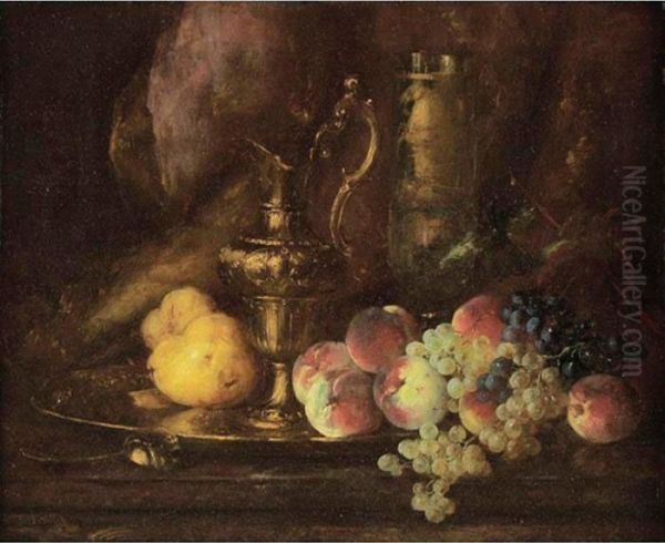 Still Life With Peaches, Grapes And Pitcher Oil Painting by Antoine Vollon