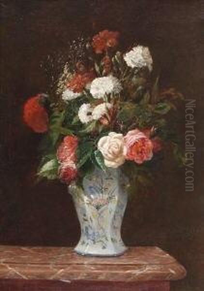 Stillleben Mit Rosen Und Nelken In
 Porzellanvase. Oil Painting by Antoine Vollon