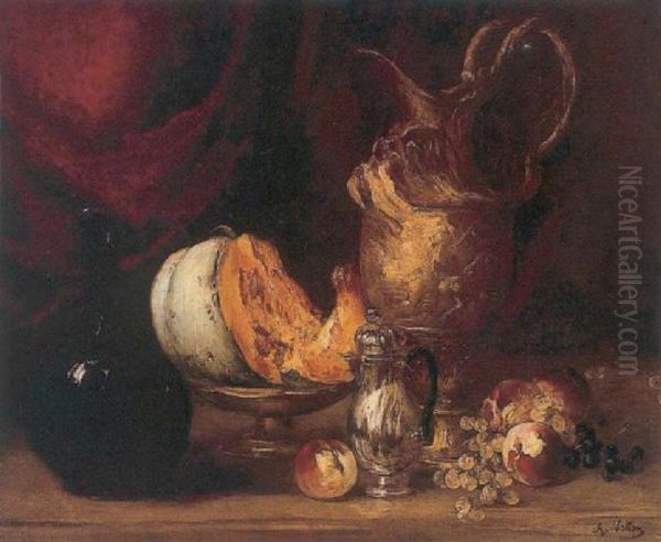 Still Life Of Fruit And Vessels Before A Draped Curtain Oil Painting by Antoine Vollon