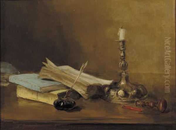 Still Life With Books, An Inkpot And A Laquer Stamp Oil Painting by Antoine Vollon