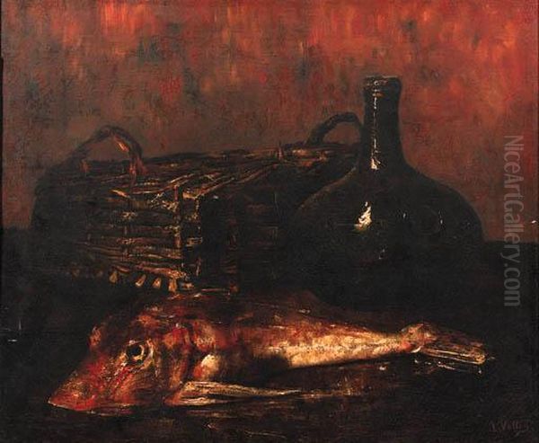 A Still Life With A Fish, A Bottle And A Wicker Basket Oil Painting by Antoine Vollon