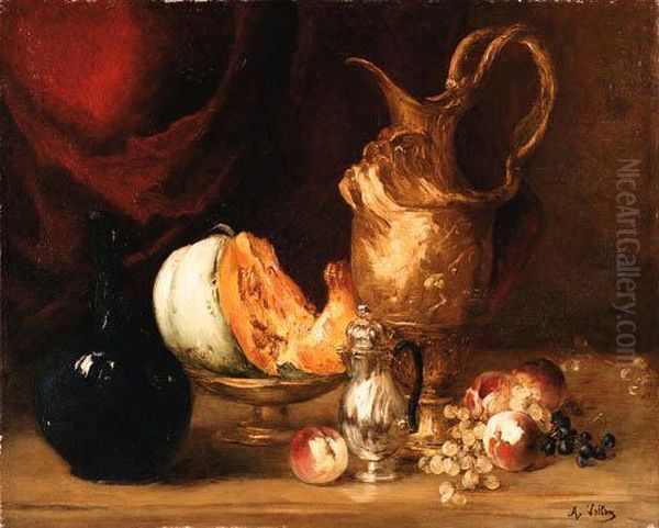 Still Life Of Fruit And Vessels Before A Draped Curtain Oil Painting by Antoine Vollon