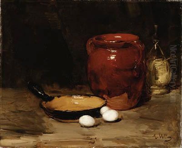 Still Life With A Pan, A Jug, A Bottle And Eggs On A Table
Signed 'a. Vollon' (lower Right) Oil Painting by Antoine Vollon