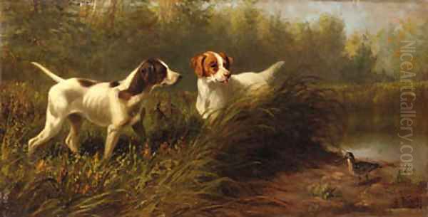 On Point, A Setter and Pointer wih a Woodcock Oil Painting by Arthur Fitzwilliam Tait