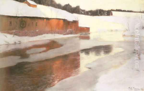 A Factory Building near an Icy River in Winter Oil Painting by Fritz Thaulow