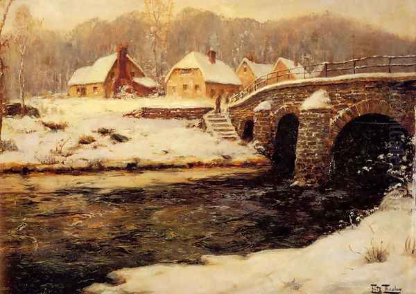 A Stone Bridge Over A Stream In Winter Oil Painting by Fritz Thaulow