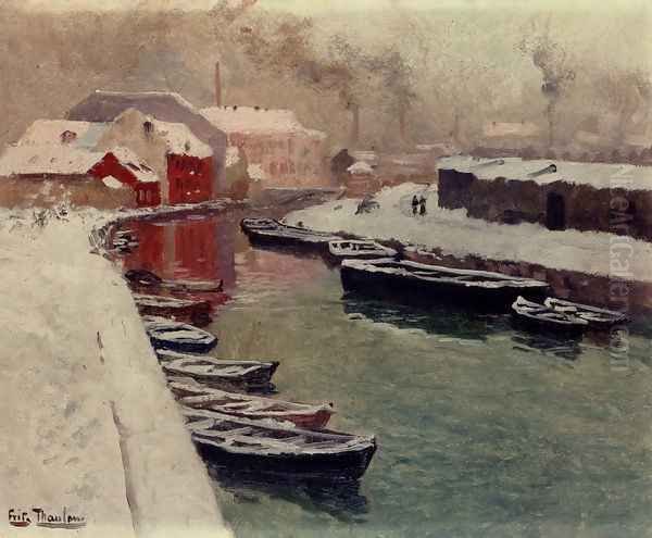 A Snowy Harbor View Oil Painting by Fritz Thaulow