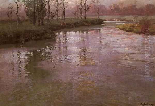 On A French River Oil Painting by Fritz Thaulow